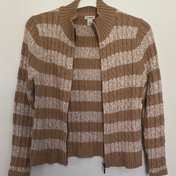 L.L. Bean Beige and White Striped Zip-Front Cable Knit Sweater - Picture 8 of 11
